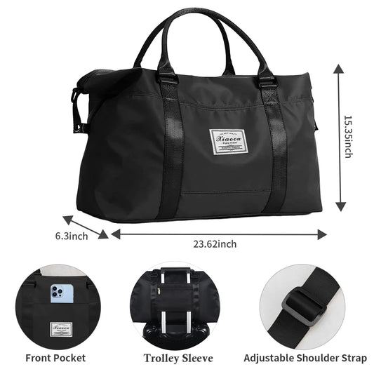 37L Waterproof Duffle Bag for Women, Tear-Resistant Gym Travel Bag with Adjustable Shoulder Strap & Trolley Sleeve, Airline Approved Carry-On Weekender Bag with Wet/Dry Pocket, Black