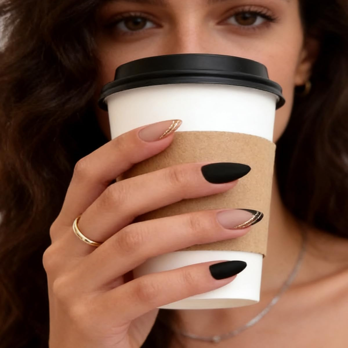 Black Press on Nails Medium Almond Fake Nails Matte False Nails Press Ons with Designs French Tip Acrylic Full Cover Glue on Nails Halloween Stick on Nail for Women Manicure 24 Pcs